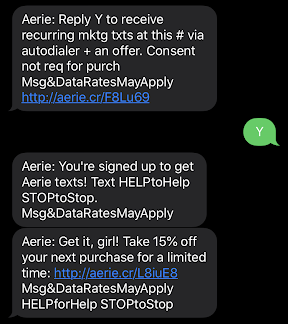 Aerie text marketing opt-out messaging