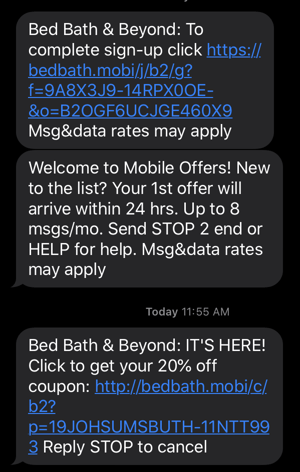 Bed Bath & Beyond text message marketing example