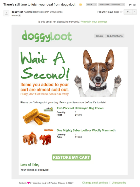 set and forget 4 abandoned cart email example