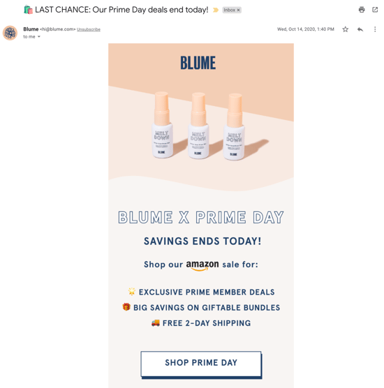Blume Prime Day reminder email example