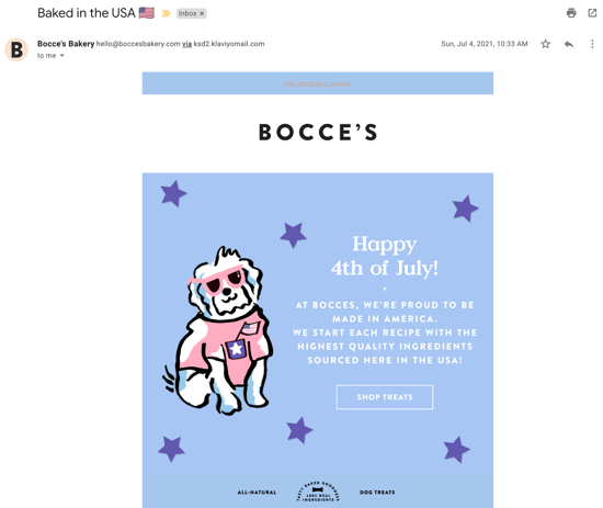 Bocces Bakery Fourth of July made in the US email example