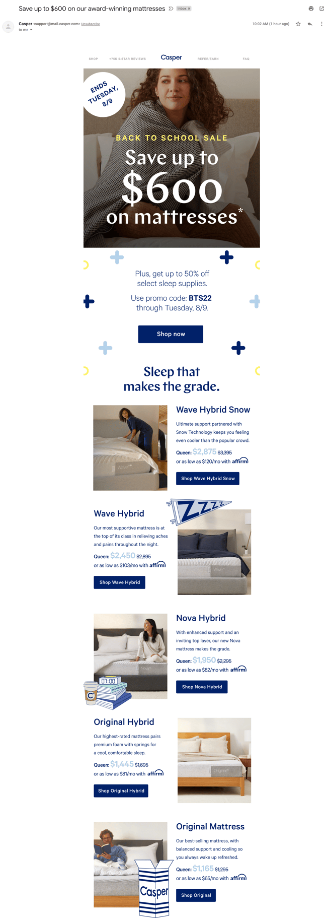 Casper back to school sitewide sale email example