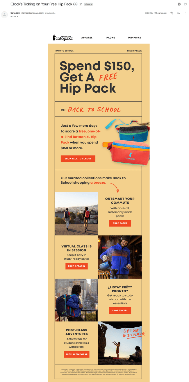 Cotopaxi back to school free gift with purchase email example