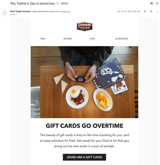 Darn Tough Fathers Day Gift Card Email Example