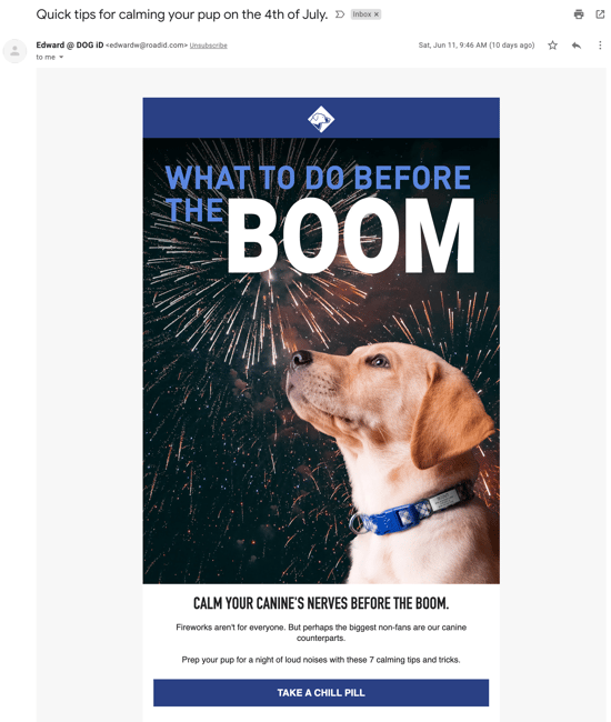 Dog ID Fourth of July content email example