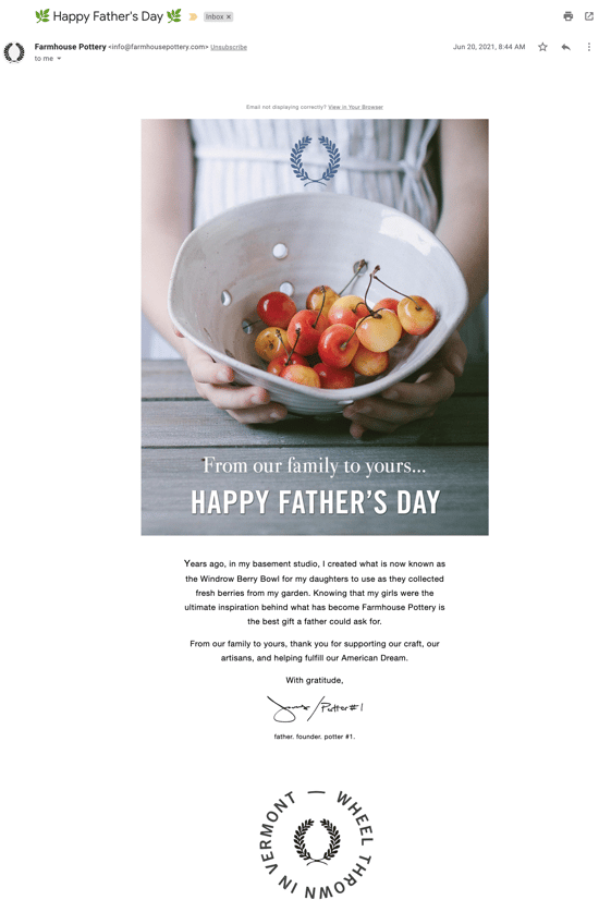 Farmhouse Pottery Fathers Day Story Email Example