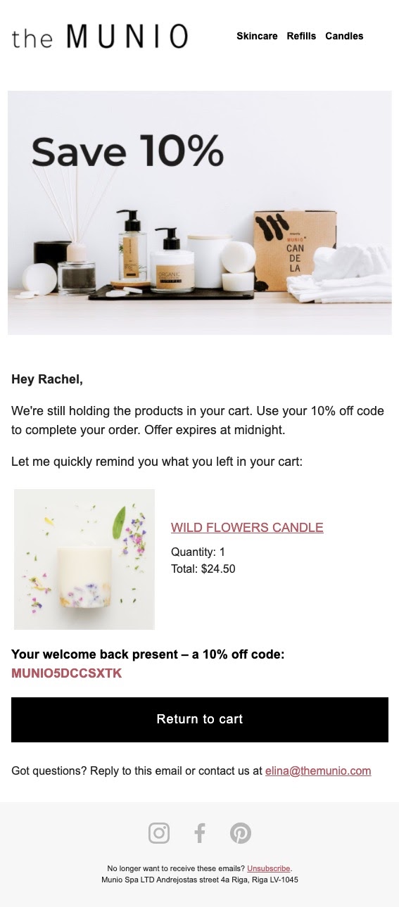 the MUNIO Abandoned Cart Email