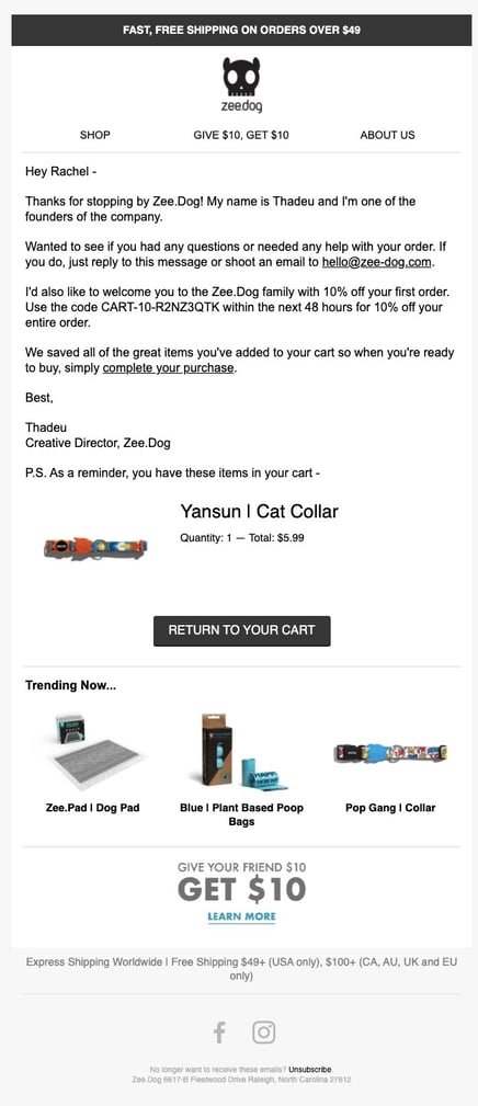 Zee.Dog Abandoned Cart Email