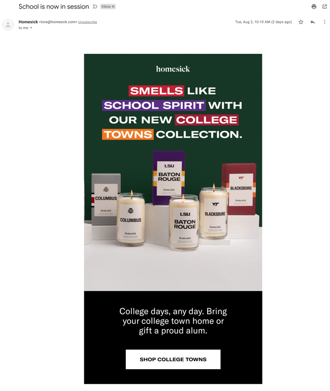 Homesick back to school new collection email example