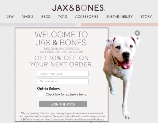 Jax & Bones SMS marketing opt-in messaging
