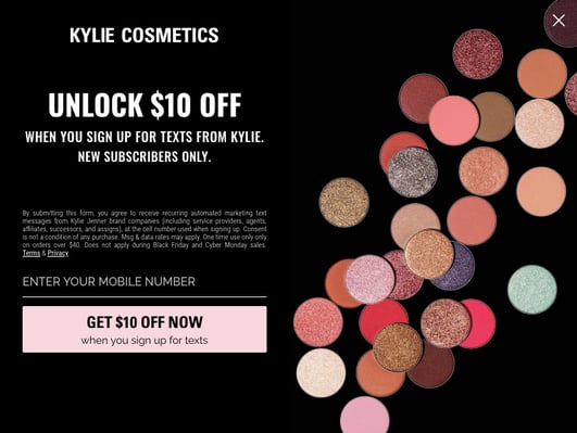 Kylie Cosmetics SMS marketing opt-in message