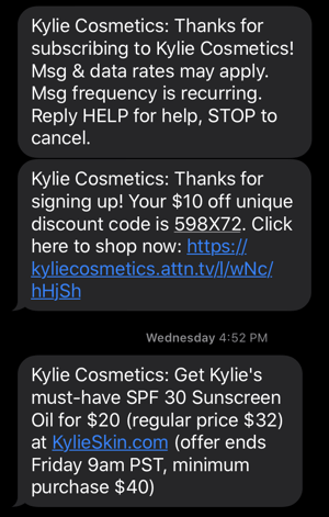 Kylie Cosmetics text marketing messages