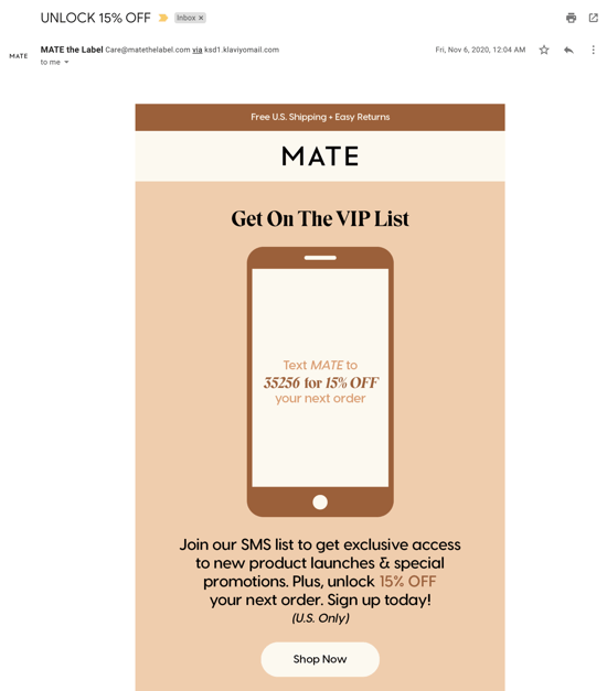 Mate the Label SMS list growth email example