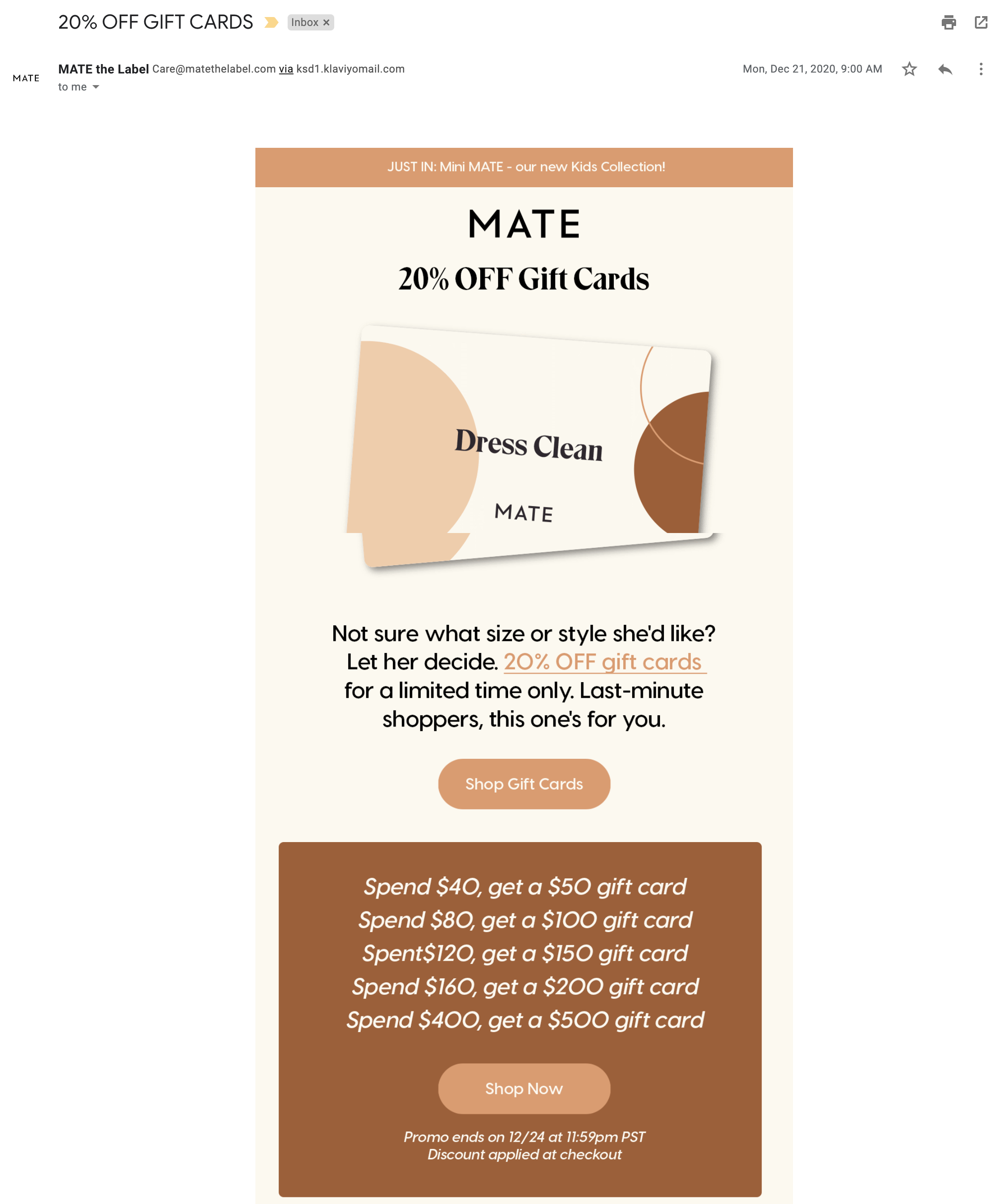 Mate the label gift card email