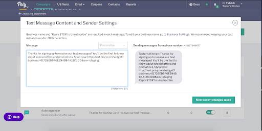 Privy Text Content and Sender Settings Screenshot