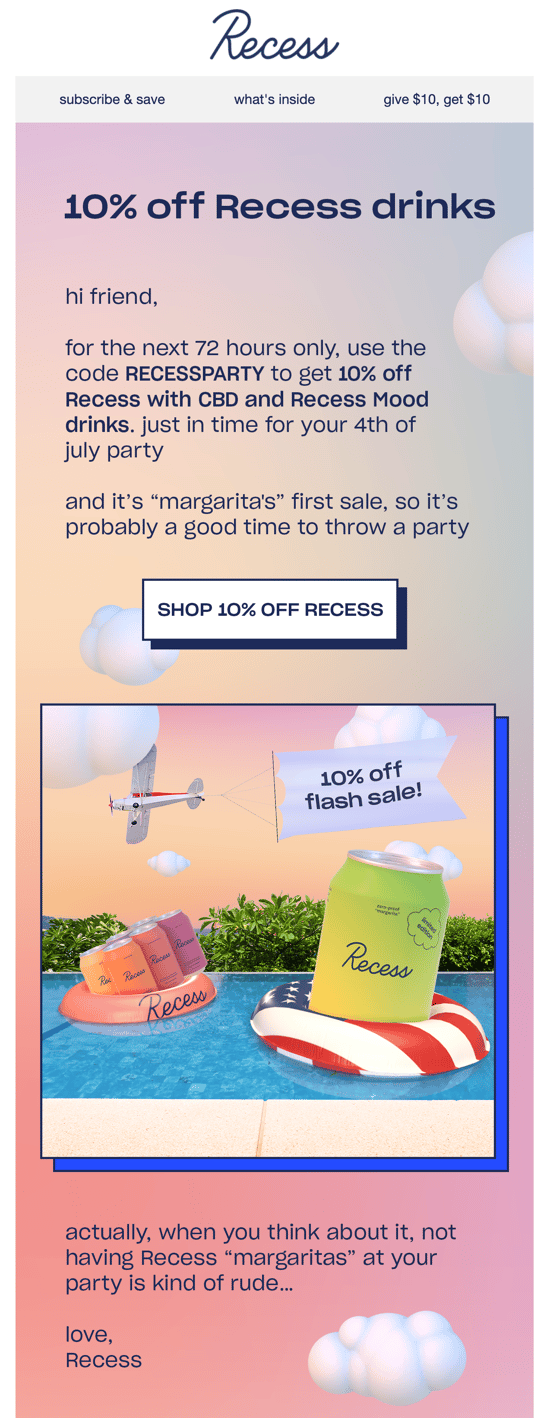 Recess Fourth of July flash sale email example