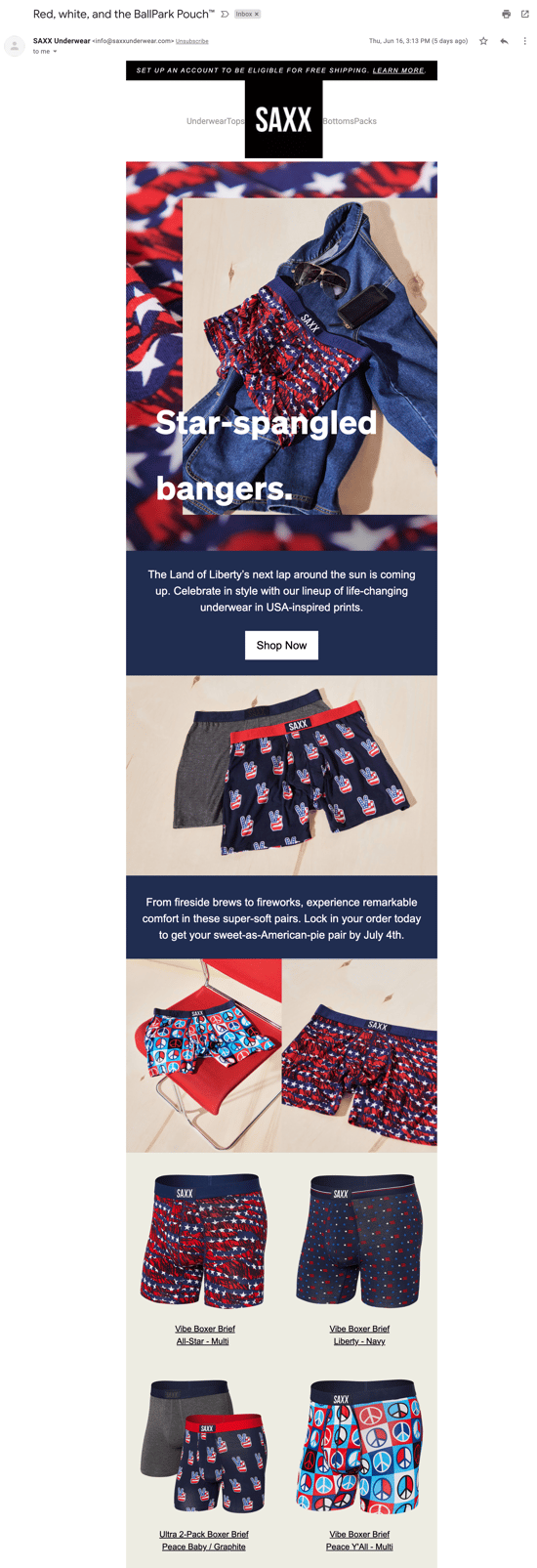 Saxx Fourth of July new product email example
