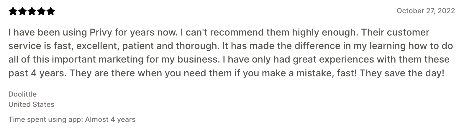 5-star Privy review from a real customer