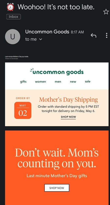 Screenshot of an ad from Uncommon Goods reminding viewers of the last day to ship before Mother’s Day