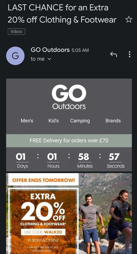 Screenshot of a marketing email from GO Outdoors showing a countdown timer