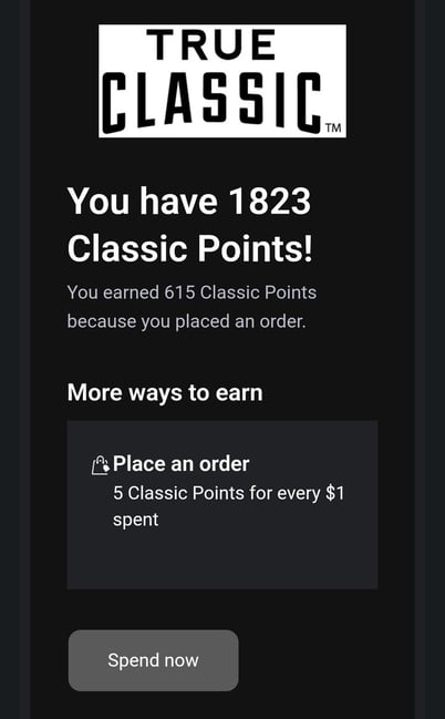 An email from True Classic showing reward point status.