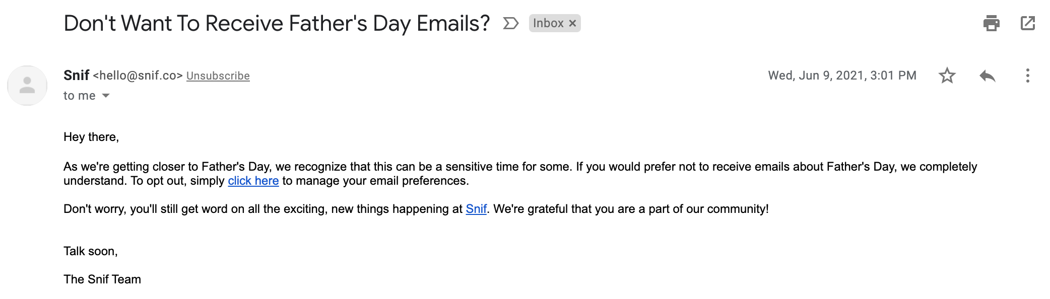 Snif Fathers Day Opt Out Email Example