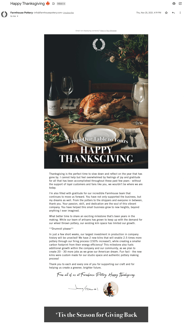 Thanksgiving founder note email example