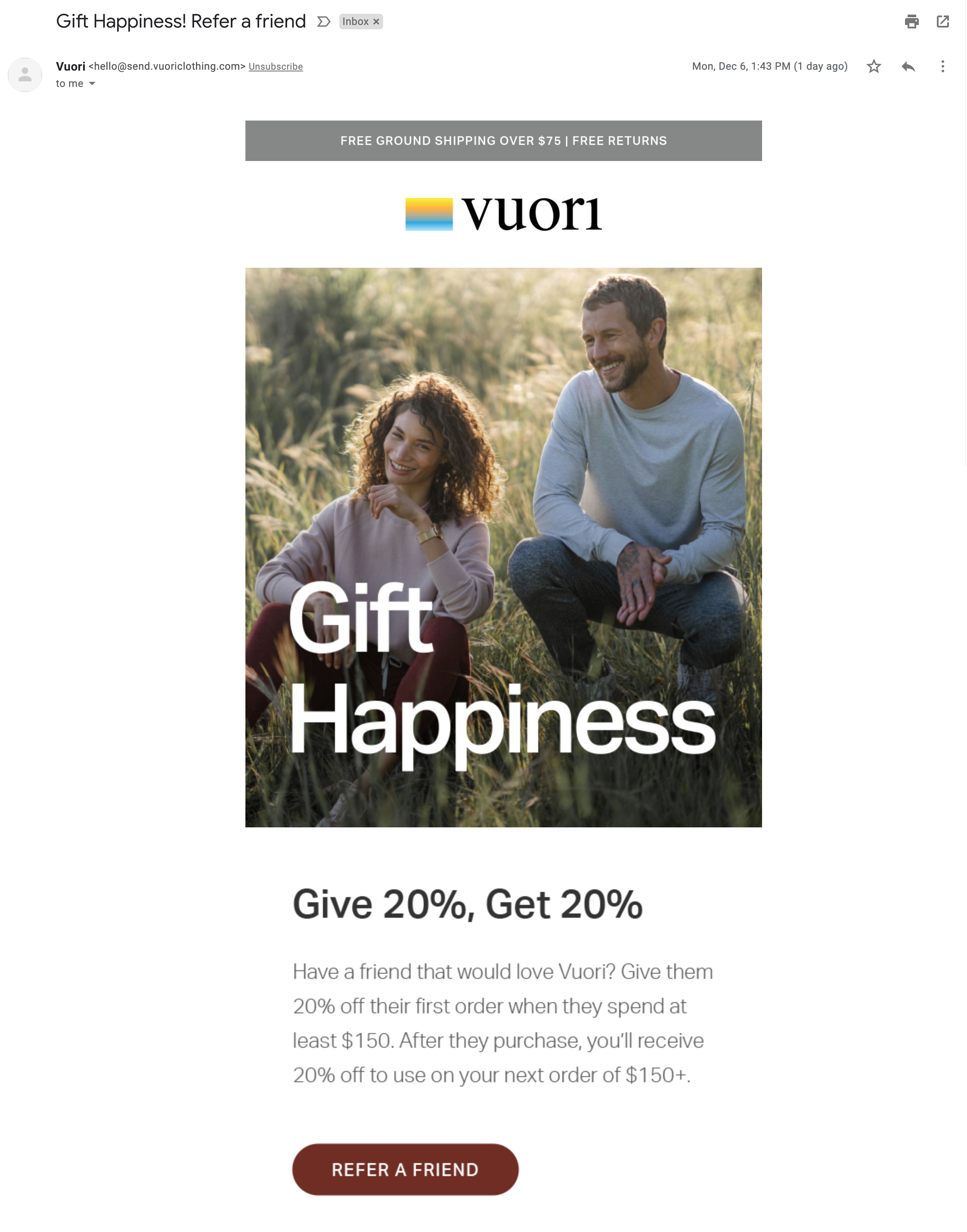 Vuori referral email example