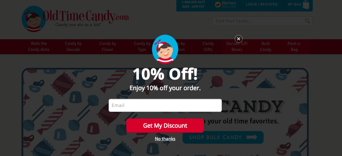 Old Time Candy_Full Page Cart Saver Pop Up Example