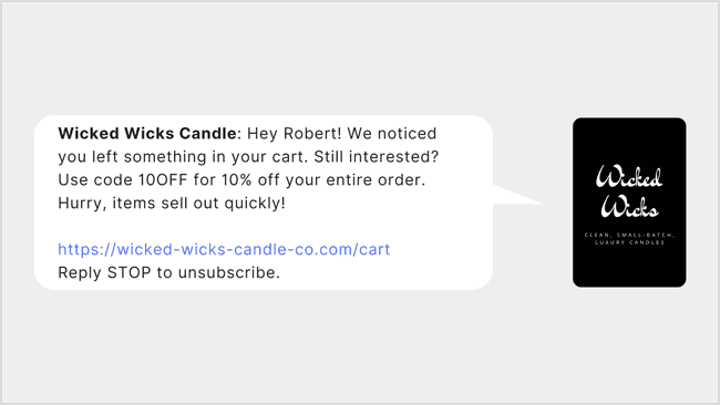 Abandoned cart text message example