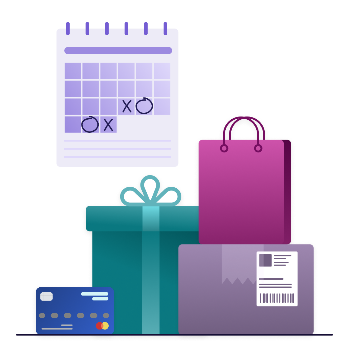 illustration of packages, credit card, calendar