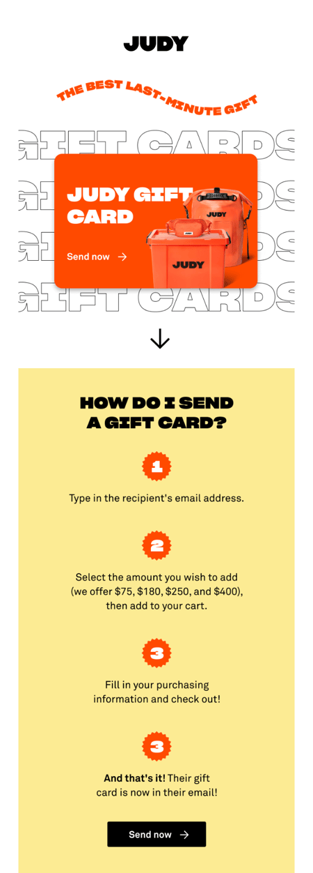 JUDY gift card email example