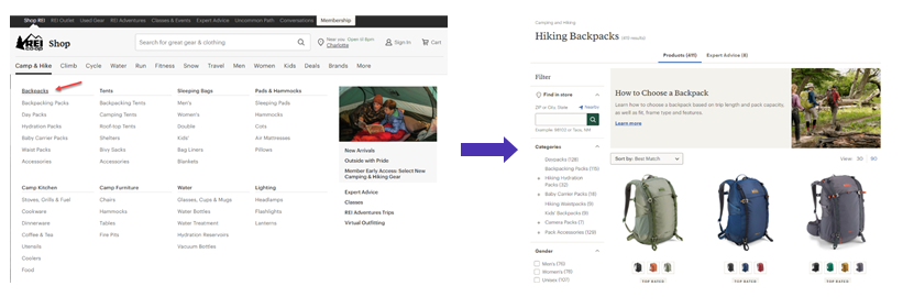 Screenshots from REI showing its camping and backpack ecommerce navigation menus