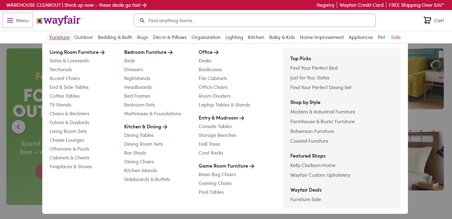 Screenshot of the furniture product ecommerce navigation menu from Wayfair.com