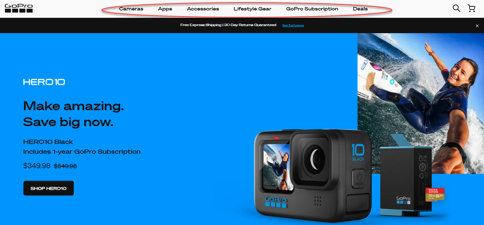 Screenshot of the homepage from GoPro.com highlighting the vertical ecommerce navigation menu