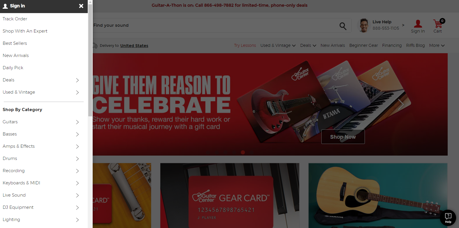 Screenshot of the left-side ecommerce navigation menu from GuitarCenter.com
