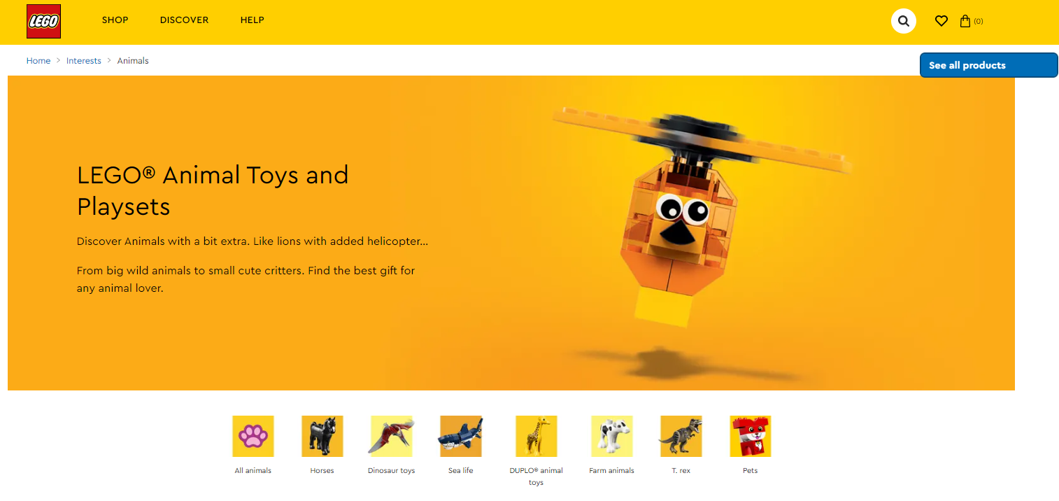 Screenshot of an intermediary product category page featuring animal Lego playsets from Lego.com