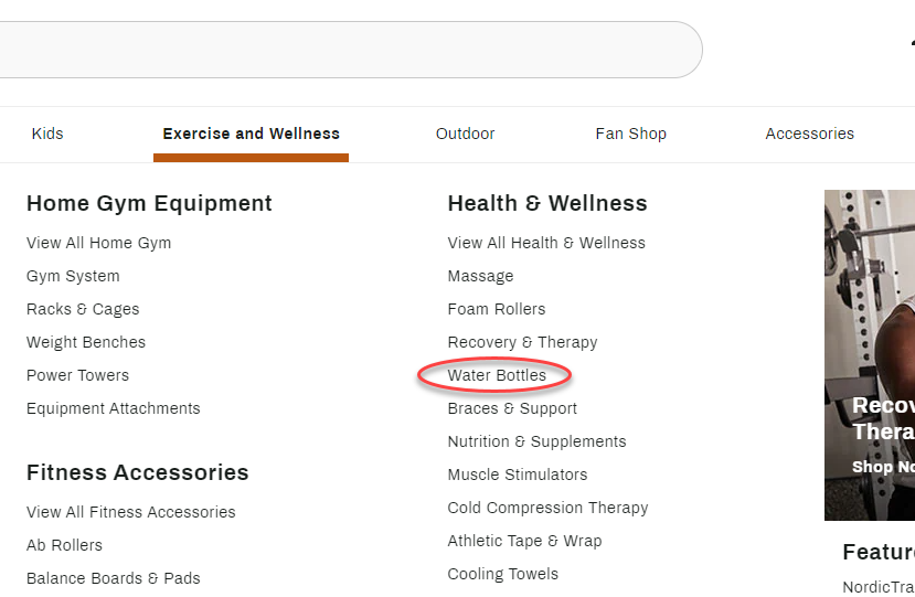 Screenshot of ecommerce navigation menus from Dicks Sporting Goods highlighting multiple water bottle links