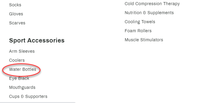 Screenshot of ecommerce navigation menus from Dicks Sporting Goods highlighting multiple water bottle links