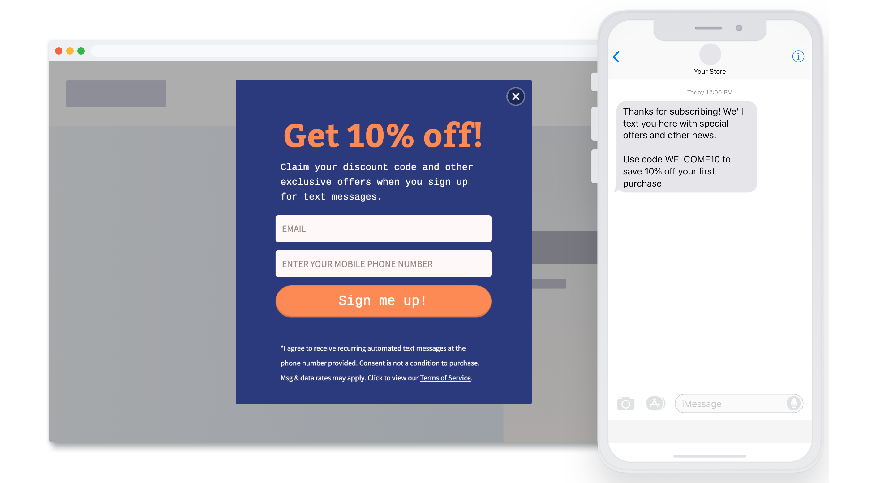 SMS welcome popup example