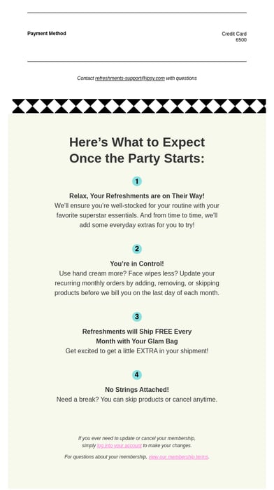 A section of an Ipsy order confirmation email showing next steps.