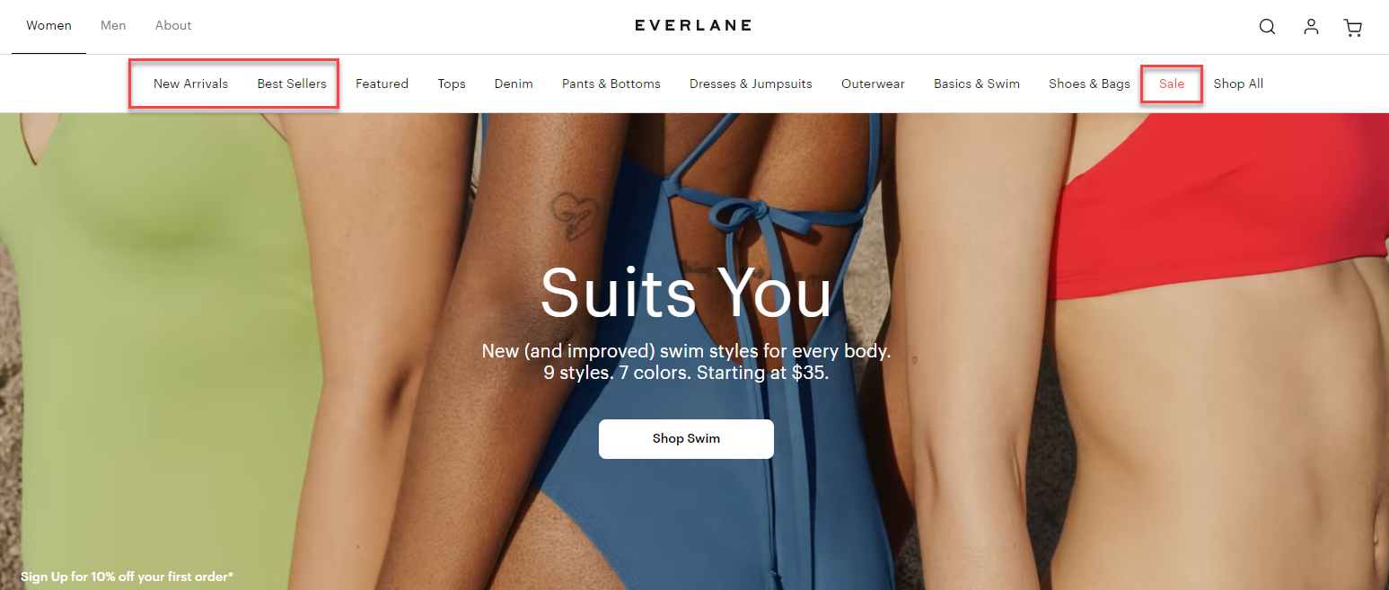 Screenshot of the homepage from Everlane.com highlighting the new arrivals, best sellers, and sale navigation links.