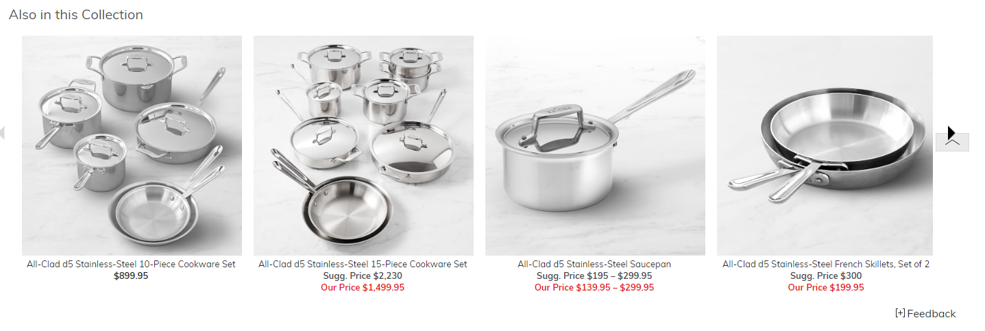 Screenshot of a stainless steel cookware set product recommendation page from Williams-Sonoma