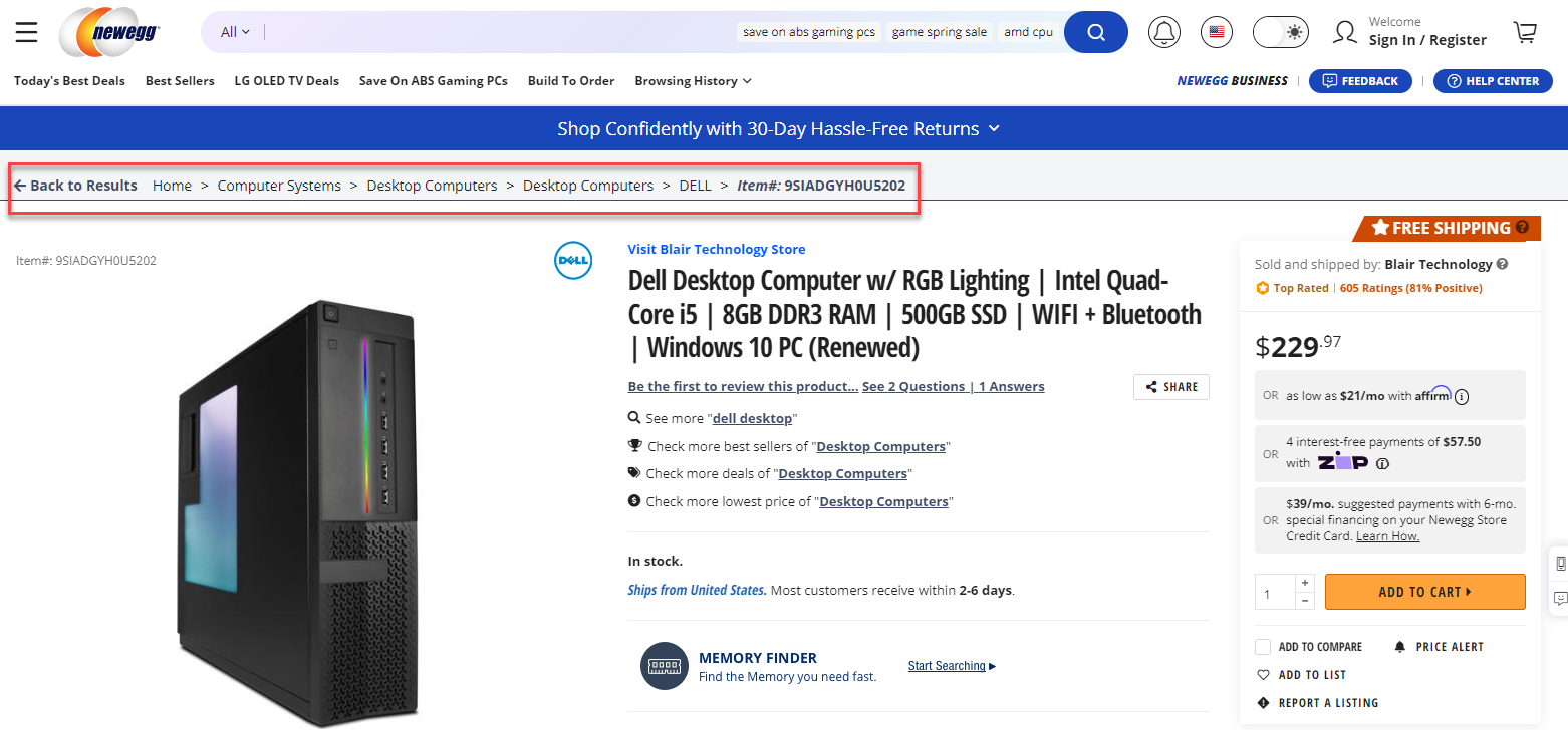 Screenshot of a product page from Newegg highlighting the ecommerce navigation breadcrumb menu.