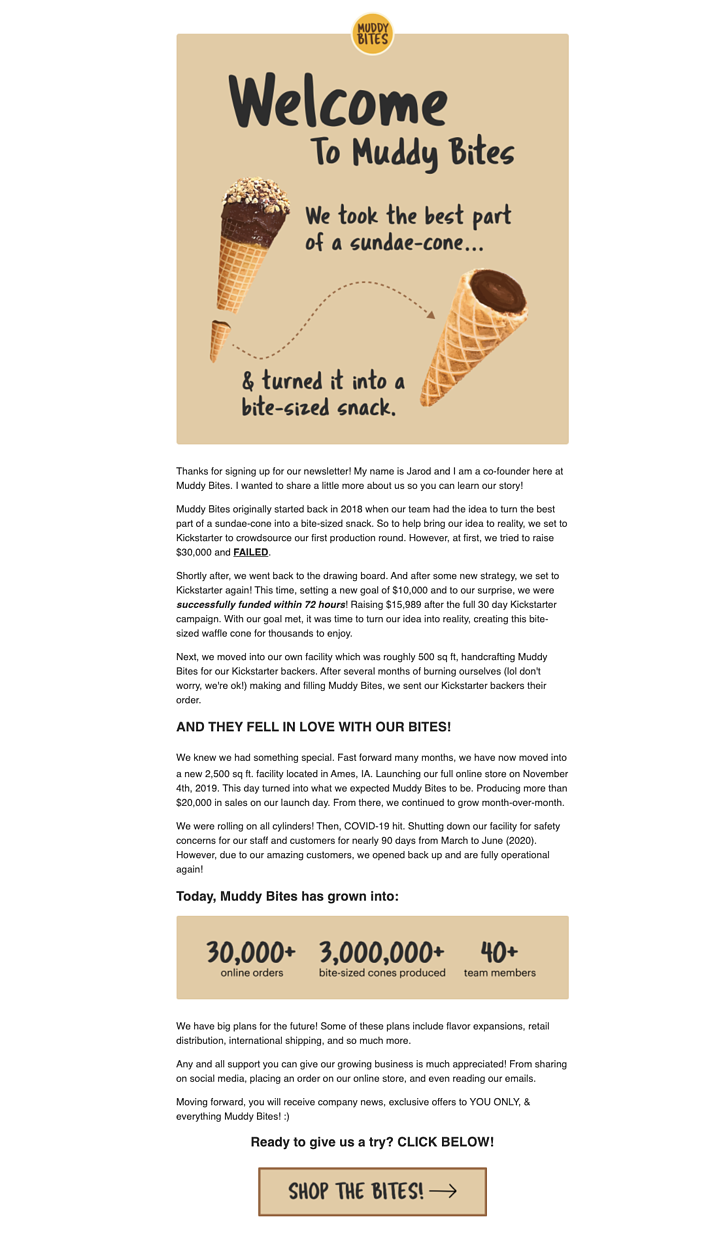 Muddy Bites welcome email example