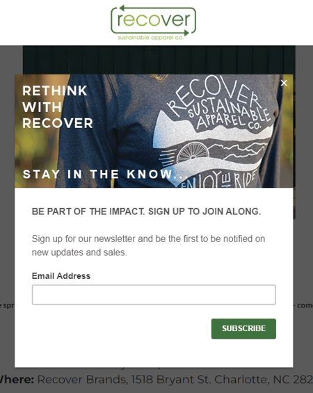 Screenshot of a newsletter subscription popup from Recover Brands
