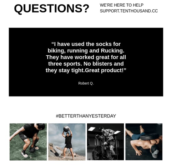 A section of an order confirmation email from the brand Ten Thousand showing a customer review and pictures of people using the product.