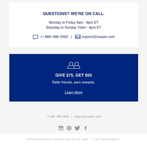 A section of Casper’s order confirmation email showing a paid referral program for customers.