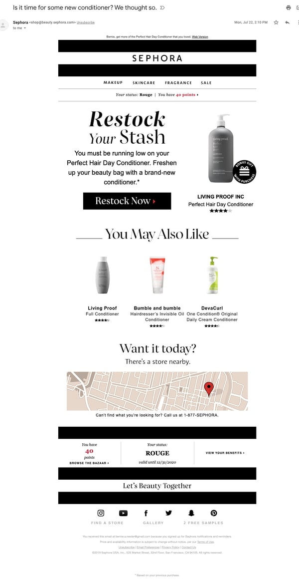 sephora replenishment email example