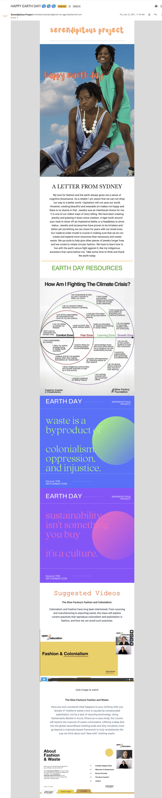 Serendipitous Project Earth Day email example